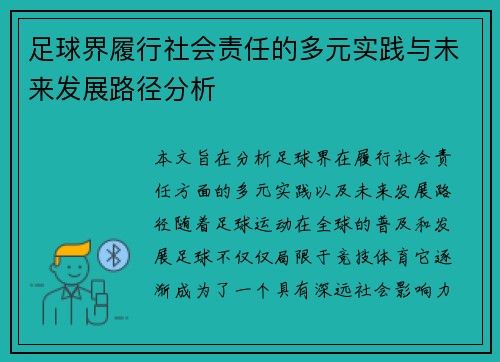 足球界履行社会责任的多元实践与未来发展路径分析 足球界履行社会责任的多元实践与未来发展路径分析